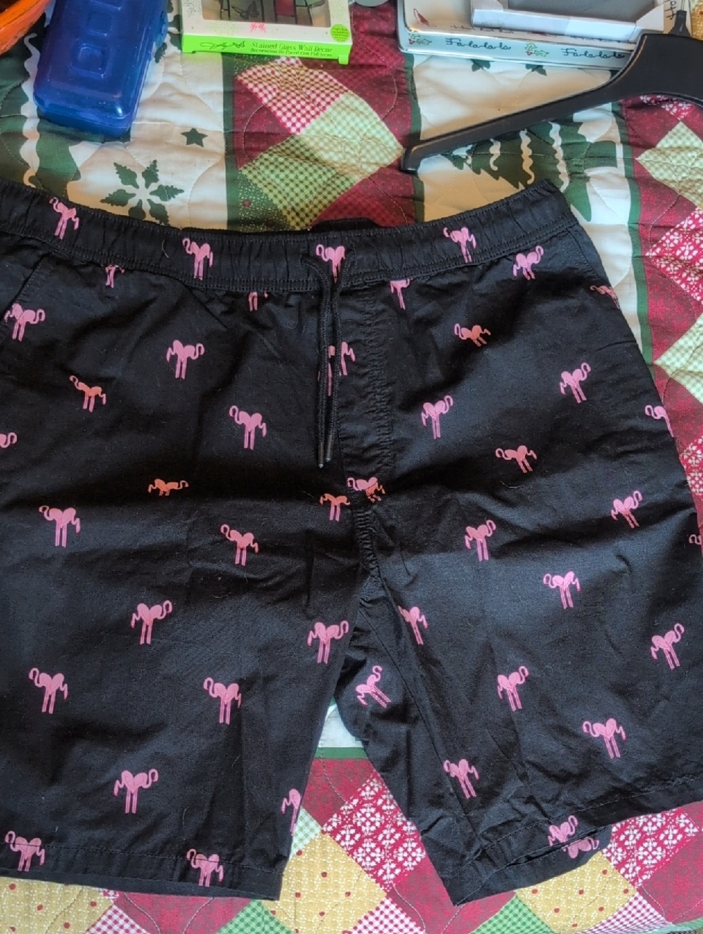 H&M Black Men's Shorts with Pink Flamingo Motif
